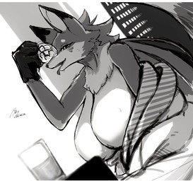 anthro big_breasts black_ear_tips black_nose breasts clothing container countershade_face countershade_torso countershading cup dipstick_ears drinking_glass ear_markings female fur glass glass_container glass_cup holding_object icepack looking_at_viewer markings multicolored_ears neck_tuft open_mouth robe seat simple_background sitting snout solo tongue tongue_out tuft unknown_artist unknown_artist_signature canid canine fox mammal dated digital_media_(artwork) greyscale monochrome signature