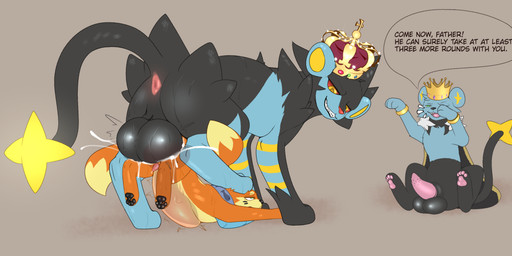 abdominal_bulge bodily_fluids cum cum_inside duo encouragement exhibitionism feral foot_crush genital_fluids genitals group looking_at_another looking_at_partner male male/male musk penile_spines penis pinned size_difference smile smirk stepped_on sweat text trio notsafecat nintendo pokemon prince_titus_(revrevvin) soggy_(soggybuizel) buizel generation_4_pokemon luxray pokemon_(species) shinx absurd_res english_text hi_res