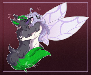 ahoge anthro arm_tuft back_wings black_claws black_nose blush breasts claws covering covering_crotch covering_with_tail dipstick_tail duo elbow_tuft eyebrows eyelashes eyes_closed female fur gradient_background green_accents green_ears green_hair green_hairtips green_paws green_tail_tip green_tuft grey_body grey_fur hair hand_on_back hand_on_butt hand_on_hair hand_on_head head_tuft heart_symbol hug kissing making_out male male/female markings navel nipples nude purple_blush simple_background snout tail tail_markings tuft white_hair white_wings wing_markings wing_pattern wings monstersnight fifi_nevermore fiz_(instafiz) canid canine canis fairy humanoid mammal winged_humanoid wolf half-length_portrait hi_res portrait shaded