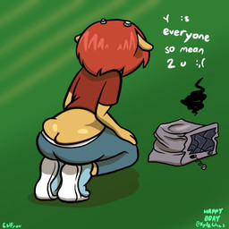 amplifier anthro big_butt bottomwear butt butt_cleavage clothed clothing crouching dialogue female footwear hair horn pants rear_view red_hair shirt shoes solo text topwear y_shaped_butt_crack theenfman parappa_the_rapper sony_corporation sony_interactive_entertainment um_jammer_lammy lammy_lamb bovid caprine mammal sheep 1:1 english_text hi_res