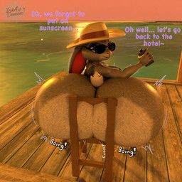 anthro back_boob beverage big_butt bikini black_bikini black_clothing black_eyewear black_mouth black_sunglasses black_swimwear bodily_fluids breasts buckteeth butt chair clothing dialogue ears_down eyelashes eyewear female flask furniture grey_body grey_ears grey_tail hat headgear headwear holding_beverage holding_flask holding_object huge_butt hyper hyper_butt logo looking_at_viewer looking_back looking_back_at_viewer motion_lines multicolored_body on_chair onomatopoeia open_mouth open_smile orange_sky outside pink_inner_ear pink_nose pivoted_ears purple_eyes rear_view scut_tail sea short_tail sitting sitting_on_chair sky smile smiling_at_viewer solo sound_effects sunglasses sunset sweat sweaty_butt swimwear tail talking_to_viewer tan_hat tan_headwear teeth text two-piece_swimsuit two_tone_body two_tone_tail water white_body white_tail inkartistdemon disney zootopia judy_hopps lagomorph leporid mammal rabbit 1:1 2026 3d_(artwork) artist_logo artist_name colored digital_media_(artwork) english_text hi_res shaded
