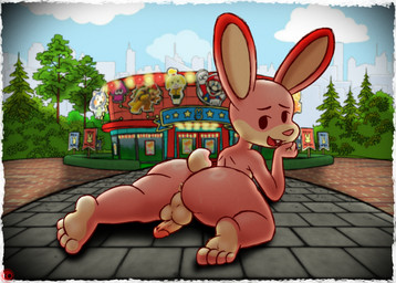 anthro anus balls bent_leg buckteeth butt erection feet genitals happy looking_at_viewer looking_back looking_back_at_viewer lying male nude_male on_front open_mouth outside penis soles solo tail teeth tongue xanodice nintendo nintendo_badge_arcade arcade_bunny lagomorph leporid mammal rabbit 2026 english_description hi_res