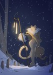 anthro cloak clothing dress eyes_closed female front_view fur glowing lamp lantern night outside plant snow snowing solo staff standing tan_body tan_fur tree winter conditional_dnp jollyjack domestic_cat felid feline felis mammal 2025