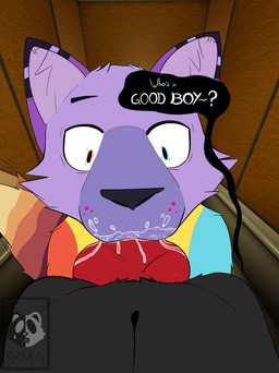 anthro bodily_fluids cum cum_in_mouth cum_inside cum_on_face deep_throat duo elevator fur genital_fluids irrumatio male male/male oral oral_penetration penetration penile penis_in_mouth purple_body purple_fur sex speech_bubble furiousfox canid canine canis fox mammal wolf hi_res