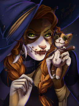 anthro calico_pattern clothing female green_eyes hair hat headgear headwear lips lower_lip orange_hair plushie sewing_needle sewn_mouth solo voodoo voodoo_doll witch_costume witch_hat ttendy tendy calico_cat domestic_cat felid feline felis mammal 3:4 hi_res
