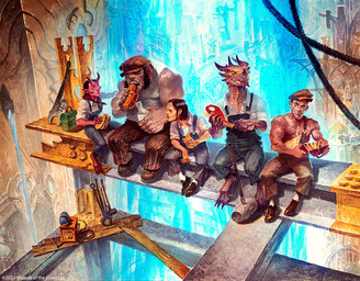 anthro beam_(structure) beard beverage black_hair boots bottomwear city claws clothing eating facial_hair female food footwear group hair hammer hat headgear headwear high_place holding_beverage holding_food holding_meat holding_object holding_sandwich horn humanoid_pointy_ears lunch lunchbox male meat muscular muscular_male overalls pants pointy_ears red_body sandwich_(food) shoes sitting tools wrench svetlin_velinov hasbro lunch_atop_a_skyscraper magic:_the_gathering mythology wizards_of_the_coast demon demon_humanoid dragon human humanoid mammal mythological_creature mythological_scalie scalie hi_res inspired_by_formal_art official_art traditional_media_(artwork)