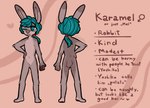 anthro biped featureless_crotch front_view fur hair long_hair male one_eye_closed pawpads rear_view short_tail solo standing tail tan_body tan_fur teal_eyes teal_hair blushy_(artist) karamel_rabbit lagomorph leporid mammal rabbit digital_media_(artwork) model_sheet