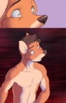 anthro athletic athletic_male blue_eyes brown_hair brown_nose cabin canid canine close-up comic fox fur hair looking_aside male mammal miles_df nipples nude open_mouth orange_body orange_fur short_hair solo