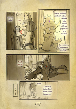 anthro arm_tattoo biped chest_spike dialogue fur hand_spike inside light male open_mouth page_number pouch_(clothing) red_eyes red_tattoo spikes spikes_(anatomy) sunlight tail tattoo text window truescorn nintendo pokemon pokemon_mystery_dungeon spike_chunsoft asche_(truescorn) generation_2_pokemon generation_4_pokemon lucario pokemon_(species) slowking 2026 absurd_res comic english_text hi_res huge_filesize