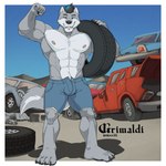 4_toes 5_fingers abs anthro barefoot bedroom_eyes biceps big_chest big_muscles black_claws black_hair black_nose black_pawpads blue_eyes blue_highlights border bottomwear broad_shoulders calf_muscles car car_wheel cheek_tuft claws clothed clothing countershading cutoffs damaged_vehicle day denim denim_bottomwear denim_clothing denim_shorts facial_tuft feet finger_claws fingers fist flexing flexing_bicep fluffy fluffy_tail fur grey_body grey_fur hair head_tuft highlights_(coloring) holding_tire junkyard looking_at_viewer male multicolored_body multicolored_fur muscular muscular_anthro muscular_male narrowed_eyes navel nipples outsider pawpads paws pecs pink_nipples plantigrade pose roman_numeral seductive serratus shorts sky smile solo standing tail teeth tire toe_claws toes toothy_smile topless triceps tuft two_tone_body two_tone_fur unbuttoned unbuttoned_bottomwear unbuttoned_shorts vehicle wheel whisker_spots whiskers white_body white_border white_fur grimsvault leon_grundt canid canine canis mammal wolf 1:1 2023 artist_name cel_shading digital_drawing_(artwork) digital_media_(artwork) shaded signature simple_shading