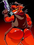 anthro butt cigar clothing cowboy_hat fur grin gun handgun hat headgear headwear leotard male ranged_weapon rear_view red_body red_fur revolver smile smoking solo weapon coffeefreak kings_of_hell gremile_'hotshot' demon imp 3:4 hi_res