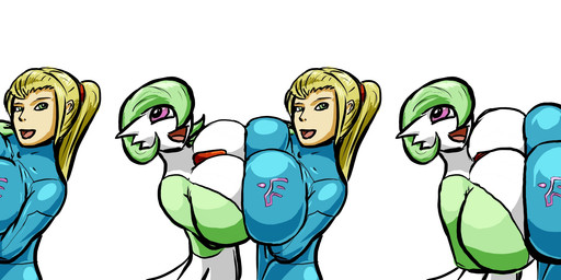 big_breasts blonde_hair blue_eyes breast_expansion breast_squish breasts breasts_frottage comparing comparing_breasts duo expansion female hair huge_breasts not_furry pink_eyes ponytail squish zero_suit oniontrain metroid nintendo pokemon samus_aran gardevoir generation_3_pokemon human mammal pokemon_(species) 3:1 crossover hi_res