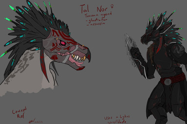anthro arm_blade armor bridge_piercing eyebrow_piercing eyebrow_ring facial_piercing feather_hair feathered_crest feathers female gold_(metal) gold_tooth head_crest melee_weapon nose_piercing piercing pink_sclera pseudo_hair pupils red_eyes ring_piercing sharp_teeth simple_background slit_pupils solo teeth text weapon agent_epsilon halo_(series) microsoft xbox_game_studios alien avian kig-yar scalie t'vaoan 3:2 colored english_text headshot_portrait hi_res model_sheet portrait three-quarter_portrait female_(lore)