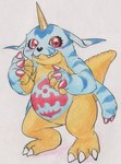 animal_skin anthro belly belly_markings fur horn male markings red_eyes slightly_chubby solo striped_body striped_fur stripes yellow_body tabasukotrr bandai_namco digimon digimon_(species) gabumon hi_res traditional_media_(artwork)