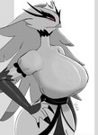 angry armwear belt big_breasts breasts clothing crown female hand_on_hip headgear red_eyes solo yamathegod helluva_boss stella_(helluva_boss) anatid anseriform anserinae avian bird swan