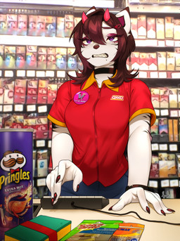 5_fingers anthro candy cashier clothed clothing container dessert disgust disgusted_face eyeshadow female fingers food horn makeup shirt solo store striped_body stripes topwear wire wristband nyushi mars_incorporated pringles snickers nyu_(nyufluff) demon felid mammal pantherine tiger 2025 digital_media_(artwork) hi_res signature