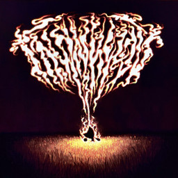 ambiguous_anthro ambiguous_gender anthro black_background burning burning_alive field_(agriculture) fire floating_hands head_tilt outside pointy_ears prick_ears silhouette simple_background solo spotlight standing stylized_text text dyoudim femtanyl token_(femtanyl) ambiguous_species 1:1 2026 absurd_res album_cover cover english_description film_grain full-length_portrait hi_res official_art portrait