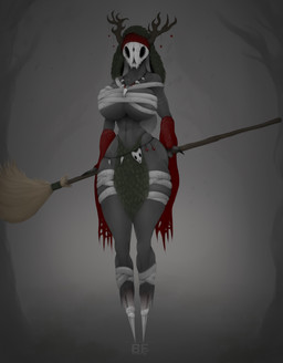 bandage big_breasts bone bone_necklace breasts broom cleaning_tool female foggy_background forest forest_background grey_body horn jewelry magic_user nature nature_background necklace plant skull small_waist solo tree witch borisfed baba_yaga humanoid hi_res