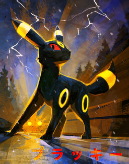 ambiguous_gender black_body black_fur electricity evergreen_tree feral fur lightning markings paws pine_tree plant raining red_eyes ring_(marking) solo tail text tree andewitt_art nintendo pokemon eeveelution generation_2_pokemon pokemon_(species) umbreon 2025 hi_res japanese_text
