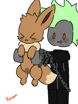 >w< animal_genitalia animal_vulva black_bottomwear black_clothing black_topwear blush bottomwear brown_body brown_ears brown_fur brown_inner_ear brown_tail canine_genitalia canine_vulva chain clothed clothing duo eyes_closed female feral floating_head fully_clothed fur genitals green_hair grey_body hair looking_at_viewer male mohawk neck_tuft nipples open_mouth orange_eyes simple_background tail topwear tuft vulva white_background conditional_dnp xammyxx nintendo pokemon djinn_(xammyxx) eevee generation_1_pokemon pokemon_(species) robloxian 2026 3:4 digital_media_(artwork) flat_colors hi_res ibispaint_(artwork) signature watermark