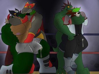 anthro asphyxiation bodily_fluids cape chokehold choking clothing cum dripping fighting_ring genital_fluids group headlock male male/male mask precum precum_drip precum_through precum_through_clothing wet wet_clothing wrestling kelsdungeon jaden_shoebuck seth_the_gator alligator alligatorid crocodilian deer komodo_dragon lizard mammal monitor_lizard new_world_deer reindeer reptile scalie hi_res