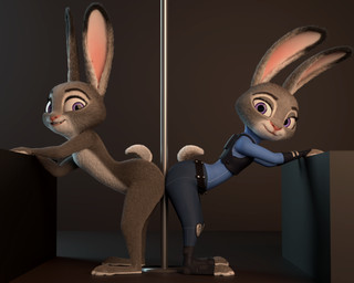 anthro ass_to_ass bent_over butt clothed clothed/nude clothed_female clothing duo female fur looking_at_viewer multicolored_ears nude pole police police_uniform purple_eyes uniform chickenass disney zootopia judy_hopps lagomorph leporid mammal rabbit 3d_(artwork) 5:4 digital_media_(artwork) hi_res