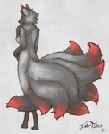 black_body black_fur breasts female fur grey_body grey_fur multi_tail nipples nude red_body red_fur simple_background solo standing tail blokfort nasuka_(blokfort) canid canine fox mammal 2023 hi_res