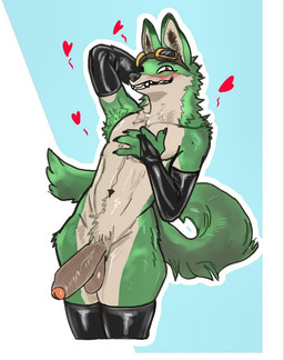 anthro balls clothing eyewear femboy fur genitals gloves goggles green_body green_fur handwear latex latex_clothing latex_gloves latex_handwear male penis slim solo wide_hips anders-glyc canid canine fox mammal hi_res
