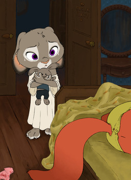 3_toes anthro barefoot bed bed_sheet bedding bodily_fluids bottomwear claws clothed clothing countershade_feet countershading crying duo feet female finger_claws fingers fur furniture grey_body grey_fur holding_object holding_plushie lying male nightgown on_bed on_side pants plantigrade plushie standing tail tears toddler toe_claws toes topless topless_anthro topless_male topwear young young_anthro young_female hareluca disney zootopia judy_hopps nick_wilde canid canine european_rabbit fox lagomorph leporid mammal oryctolagus rabbit red_fox true_fox absurd_res digital_media_(artwork) hi_res