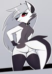 2019 anthro black_clothing black_gloves black_handwear black_legwear black_nose black_stockings breasts butt butt_pose canid canid_demon canine choker clothing collar delki demon digital_media_(artwork) female female_anthro fingerless_gloves fur gloves grey_body grey_fur grey_hair hair hand_on_hip handwear hellhound helluva_boss hi_res jewelry legwear looking_back loona_(helluva_boss) mammal mostly_nude mythological_canine mythological_creature mythology necklace notched_ear pinup pose red_sclera shaded side_boob small_breasts smile smirk solo stockings tail thigh_highs white_body white_eyes white_fur