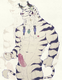 animal_genitalia anthro balls black_stripes blue_eyes bodily_fluids braided_hair claws flower fur genital_fluids genitals hair horn leaf male muscular muscular_male nipples penile_spines penis pink_nipples plant precum sheath solo stripes tail vines white_body white_fur douand0 guild_wars charr felid mammal absurd_res hi_res