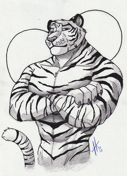 abs anthro big_muscles big_pecs crossed_arms facial_markings front_view fur head_markings looking_at_viewer male male_anthro markings mouth_closed muscular muscular_anthro muscular_male narrowed_eyes nude pecs simple_background solo striped_arms striped_body striped_face striped_fur striped_markings striped_tail stripes tail tail_markings hufnaar felid mammal pantherine tiger 2020 dated half-length_portrait hi_res portrait