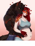 anthro belly biceps big_belly bottomwear breasts cleavage clothed clothing duo female fur hair hug hugging_another hugging_from_behind looking_back male male/female muscular muscular_anthro muscular_male navel pecs pregnant pregnant_anthro pregnant_female red_hair romantic romantic_ambiance romantic_couple shorts simple_background smile standing stripes tail topless topless_anthro topless_male topwear creativeevil eevi_(creativeevil) canid canine canis felid mammal pantherine tiger wolf digital_media_(artwork) hi_res