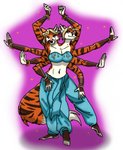 2_heads 3_legs 8_arms anthro bangle belly_dancer canid canine conjoined duo felid female fox hi_res hybrid jewelry mammal may_abbagail midriff multi_arm multi_head multi_leg multi_limb multifur pantherine solo tiger