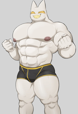 abs anthro big_muscles black_clothing black_underwear blush bodily_fluids bottomwear bulge clothed clothing grey_background male muscular muscular_anthro muscular_male navel nipples noseless pecs pointy_ears sharp_teeth simple_background smile solo sweat teeth topless underwear white_body white_skin yellow_eyes oyasmis miya_(oyasmis) domestic_cat felid feline felis mammal hi_res