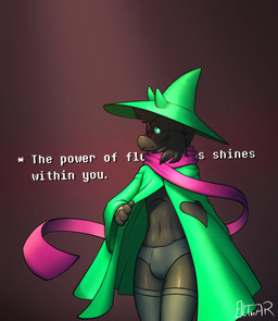 anthro black_body black_fur blush bulge clothed clothing floppy_ears fur hat headgear headwear horn legwear male navel robe scarf sharp_teeth skinny solo standing stockings teeth text underwear olthar deltarune undertale_(series) ralsei bovid caprine darkner goat mammal 2018 english_text hi_res