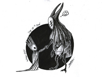 2_horns 6_eyes ambiguous_gender anthro biped black_eyes clothed clothing duo gesture handshake hood horn imagination mask multi_eye multi_limb royalty standing thought_bubble xdunkelseelex hollow_knight_(franchise) inktober team_cherry herrah_(hollow_knight) hornet_(hollow_knight) pale_king_(hollow_knight) arthropod 2025 absurd_res hi_res monochrome signature female_(lore) male_(lore)