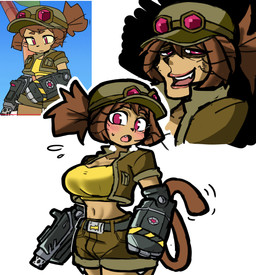 anthro arm_cannon belt bottomwear breasts brown_body brown_hair clothing crop_top eyebrows eyelashes eyewear female goggles gun_arm hair hat headgear headwear magenta_eyes midriff navel open_mouth ranged_weapon shirt shorts solo topwear weapon weapon_arm whiskers mrglasses2255 gameoverse glitch_productions metal_slug kit_bodega domestic_cat felid feline felis mammal 2026 absurd_res hi_res