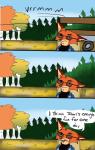 anthro dialogue eyewear forest fur humor male outside plant red_body red_fur solo sunglasses text tree truck vehicle quirky-middle-child disney the_iron_giant zootopia dean_mccoppin_(the_iron_giant) nick_wilde canid canine fox mammal red_fox true_fox 2016 absurd_res comic english_text hi_res