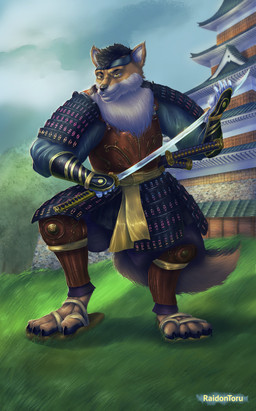 anthro armor asian_clothing clothing east_asian_clothing footwear headgear headwear japanese_castle japanese_clothing japanese_culture katana male melee_weapon samurai sandals shoes solo sword warrior weapon raidontoru jack_(alphaleader) canid canine canis mammal wolf hi_res