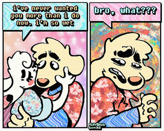 2_panel_comic aloha_shirt anthro cheek_spot clothing dialogue duo ears_down floppy_ears fur half-closed_eyes humor kissing_cheek male narrowed_eyes pattern_clothing pattern_shirt pattern_topwear pivoted_ears shirt speech_bubble text topwear white_body white_fur wide_eyed yellow_body yellow_fur rawdawgcomics bingus_(rawdawgcomics) stahli_(rawdawgcomics) bird_dog canid canine canis domestic_dog golden_retriever hunting_dog lagomorph leporid mammal rabbit retriever 5:4 comic english_text