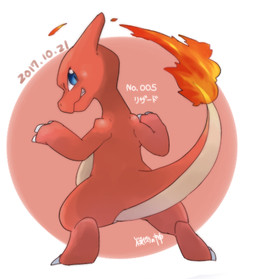 ambiguous_background ambiguous_gender claws clenched_teeth feral finger_claws fire flaming_tail looking_at_viewer looking_back looking_back_at_viewer multicolored_body multicolored_skin rear_view red_body red_circle red_tail simple_background solo standing tail teeth toe_claws two_tone_body two_tone_skin white_background yakiniku628 nintendo pokemon charmeleon generation_1_pokemon pokemon_(species)