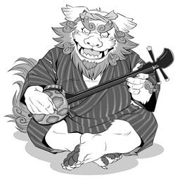 anthro eyes_closed kemono male musical_instrument overweight overweight_anthro overweight_male plucked_string_instrument shamisen simple_background sitting solo string_instrument white_background takajoh asian_mythology east_asian_mythology japanese_mythology mythology foo_dog komainu mammal yokai 1:1 2020 monochrome