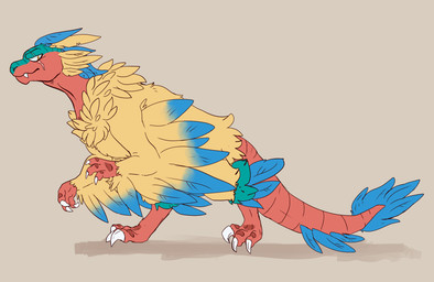 blue_body blue_feathers brown_background chest_tuft claws eye_scar facial_scar fangs feathers feet neck_tuft orange_body orange_feathers red_body red_scales scales scar shadow sharp_teeth simple_background snout solo standing tail tail_feathers talons teal_body teal_scales teeth toe_claws toes tuft winged_arms wings 1apple-fox1 nintendo pokemon tales_of_tabira fracture_(tales_of_tabira) archeops avian fossil_pokemon generation_5_pokemon pokemon_(species) 2017 hi_res male_(lore)
