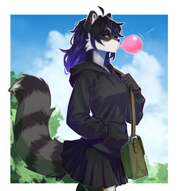 anthro bag black_body black_fur black_hair blue_hair bottomwear bubble_gum clothing ear_piercing ear_ring female fluffy fluffy_tail fur grey_body grey_fur hair hoodie outside piercing plant ring_piercing skirt slim solo tail topwear walking white_body white_fur niners_(artist) riley_blaine mammal procyonid raccoon