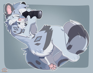 anthro black_claws camera claws eyes_closed fluffy fur grey_background grey_body grey_fur holding_camera holding_object inner_ear_fluff male midair mohawk pawpads pink_nose pink_pawpads simple_background smile solo tail tongue tongue_out tuft white_body white_fur rose_puppies felid mammal pantherine snow_leopard absurd_res colored digital_drawing_(artwork) digital_media_(artwork) hi_res