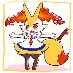 3_fingers 3_toes accessory ambiguous_anthro ambiguous_gender anthro arm_tuft biped black_body black_fur blue_bottomwear blue_clothing blue_skirt blush blush_lines bottomwear bow_ribbon cheek_tuft clothed clothed_ambiguous clothed_anthro clothing cute_fangs digitigrade dipstick_tail facial_tuft fangs feet fingers front_view fur hair_accessory hair_bow hair_ribbon hip_tuft inner_ear_fluff looking_at_viewer markings multicolored_body multicolored_fur necktie no_pupils object_in_tail open_:3 open_mouth orange_body orange_eyes orange_fur orange_inner_ear_fluff orange_tail_tip pointy_ears polka_dot_bow prick_ears red_bow red_necktie ribbons school_uniform shirt shoulder_tuft simple_background skirt solo sparkles standing stick stick_in_tail t-pose tail tail_markings tapering_snout teeth toes topwear tuft two_tone_tail uniform white_body white_clothing white_fur white_shirt white_topwear yellow_body yellow_fur yellow_tail annyui0611 nintendo pokemon braixen canid generation_6_pokemon mammal pokemon_(species) 1:1 2021 cel_shading colored digital_drawing_(artwork) digital_media_(artwork) full-length_portrait hi_res japanese_description portrait shaded translated_description