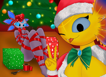 anthro bound bow_ribbon christmas_clothing christmas_present christmas_tree clothing duo female gift holidays plant red_ribbon ribboned_body ribbons selfie tree wraps brushbyter christmas epic_games fortnite axo_(fortnite) courtside_axo amphibian axolotl humanoid marine mole_salamander salamander hi_res