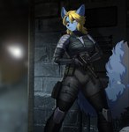 anthro armor blonde_hair blue_body blue_fur bodysuit breasts clothed clothing cosplay female fluffy fluffy_tail fully_clothed fur gun hair handgun inner_ear_fluff knee_pads laser_sight lens_flare mk._23 pistol ranged_weapon short_hair shoulder_pads silencer skinsuit sneaking solo spy stealth straps streetwear tail techwear tight_clothing trigger_discipline tuft usp_.45 weapon yellow_eyes pgm300 konami metal_gear metal_gear_(series) metal_gear_solid_2 raiden_(metal_gear) canid mammal 2022 hi_res