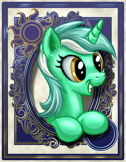 amber_eyes card female feral fur green_body green_fur hair horn long_hair moon multicolored_hair open_mouth smile solo sun teeth two_tone_hair yellow_eyes harwick friendship_is_magic hasbro my_little_pony mythology lyra_heartstrings_(mlp) equid equine mammal mythological_creature mythological_equine unicorn
